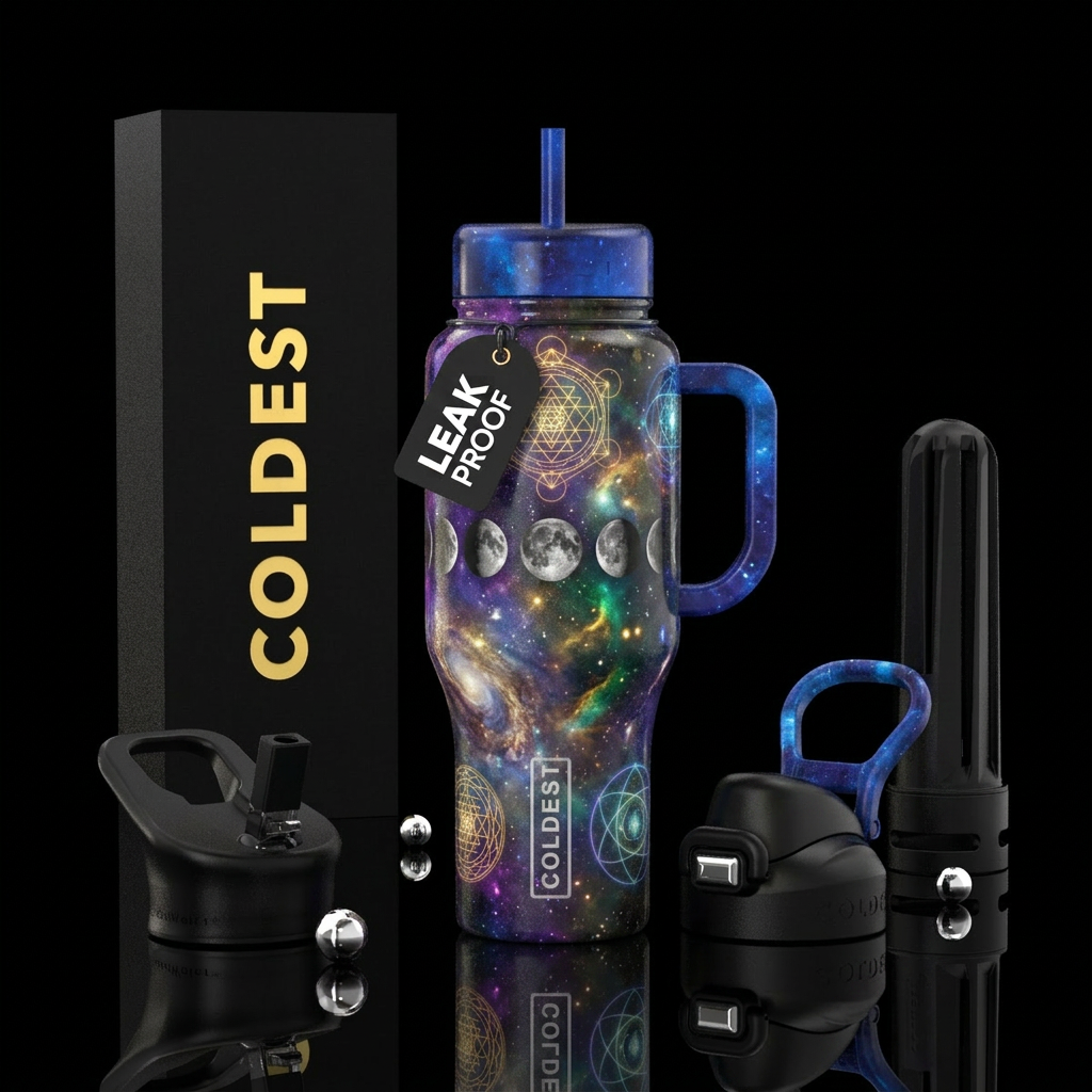 Moon phases, sacred geometry, galaxies swirling water bottle design