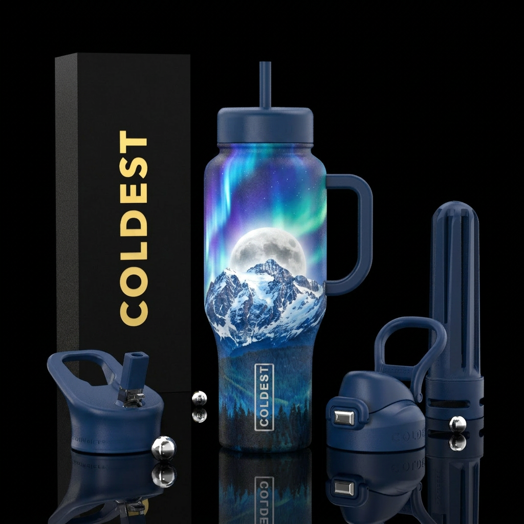 Cascadian mountain range, snow covered, with a fog... water bottle design