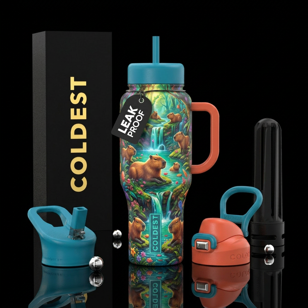 Capybara wonderland, waterfalls, drenched in color water bottle design