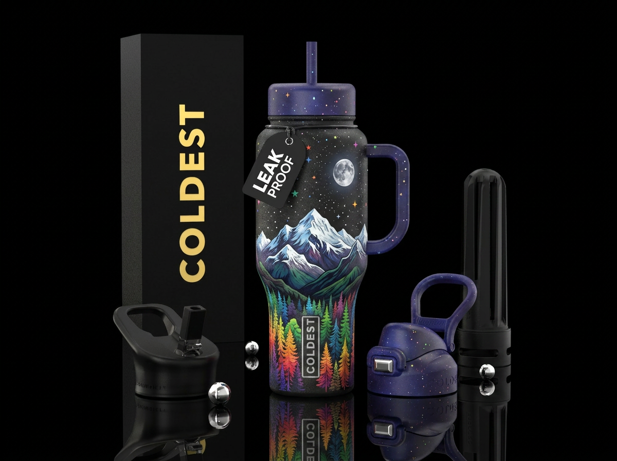 Forest of rainbow trees in front of beautiful snow... water bottle design
