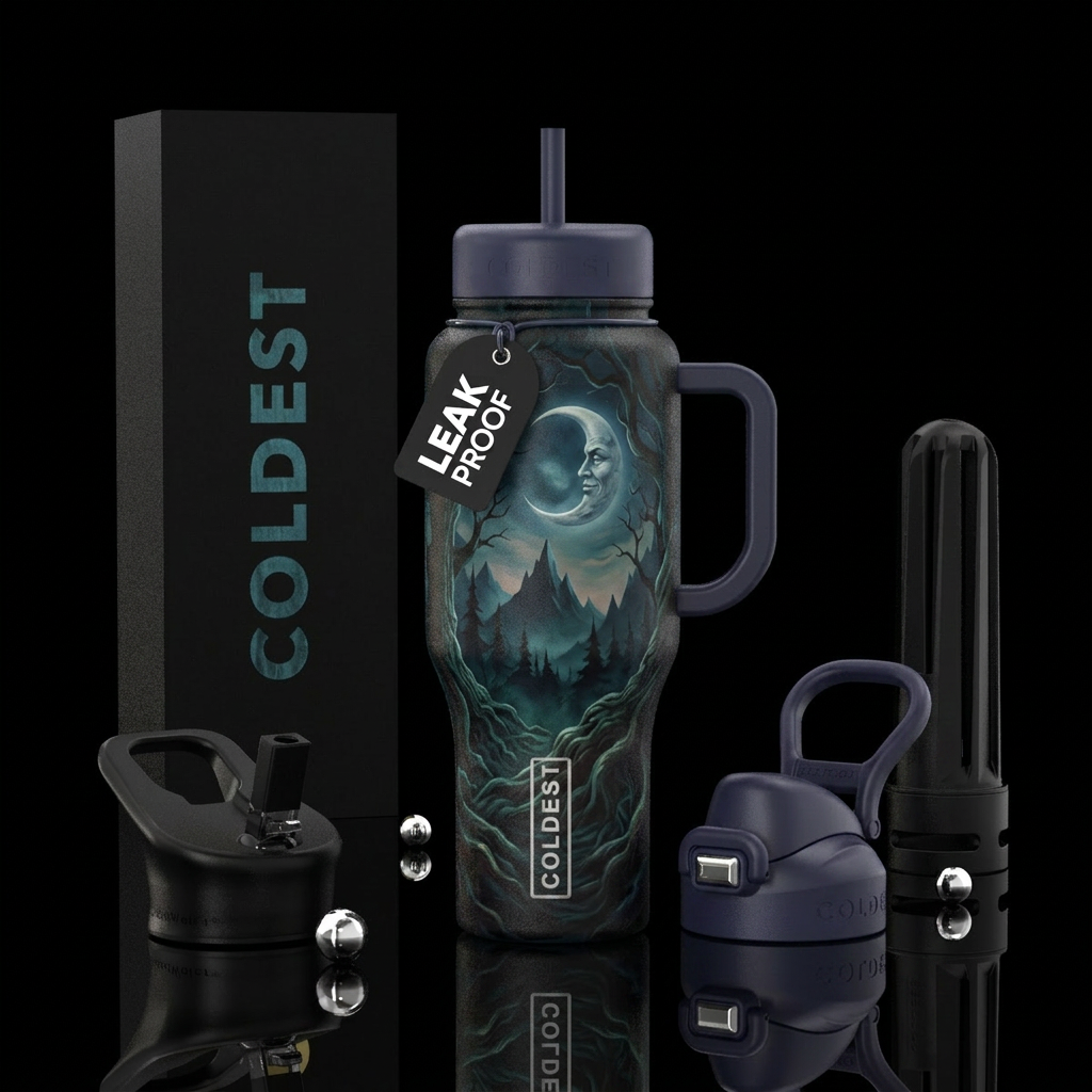 dark mood, fantasy, Forest, magical mountains, man... water bottle design