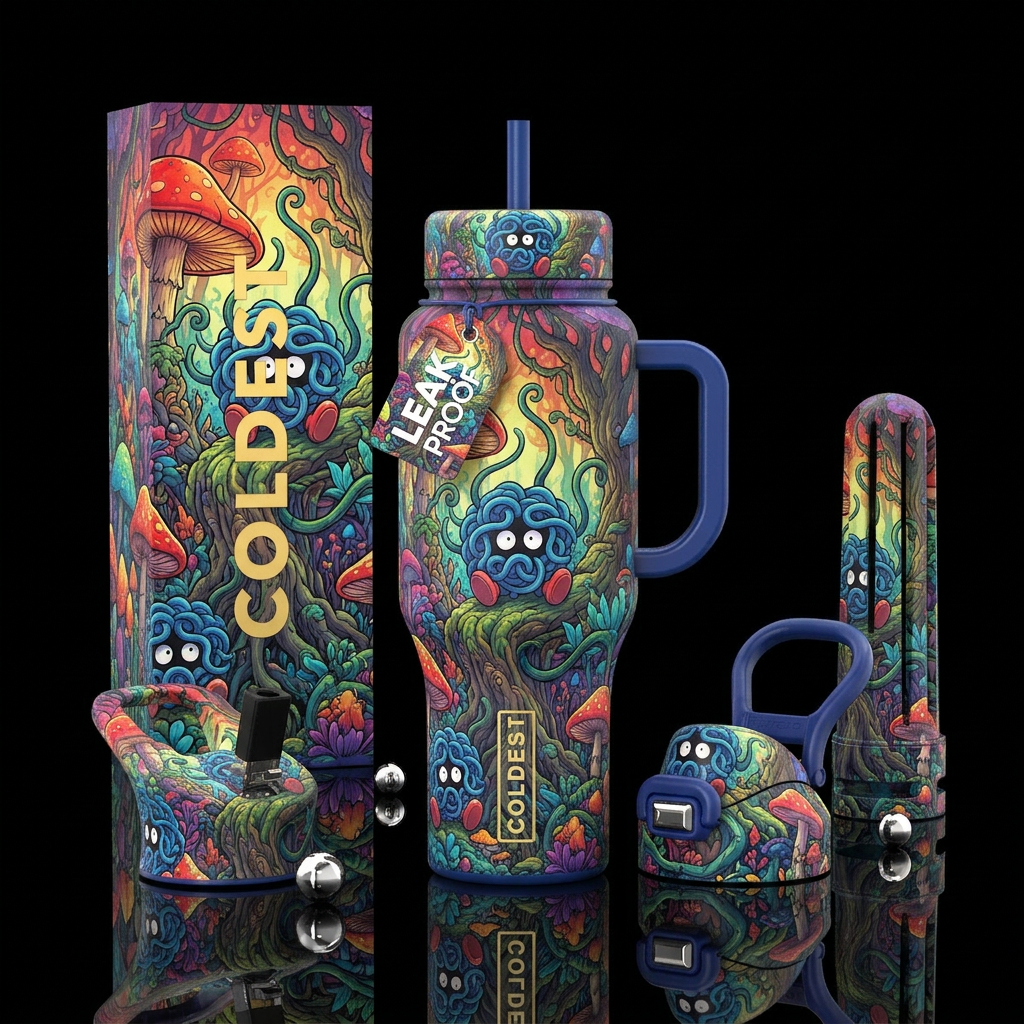 Tangela pokemon whimsical rainbow forest water bottle design