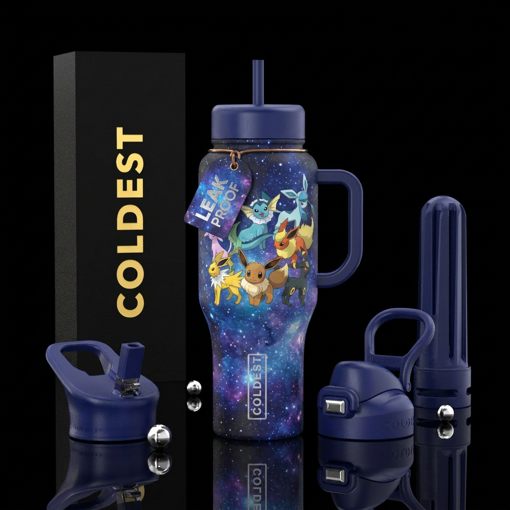 Eevee evolutions on a starry galaxy background water bottle design