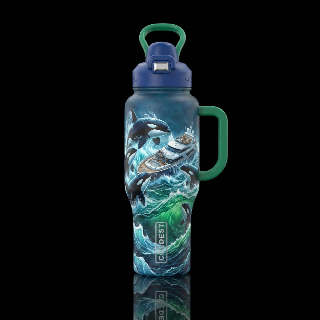 Orcas sinking a yacht, blue & green swirling seas ... water bottle design