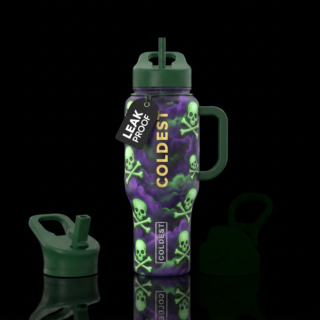 Glowing skull & crossbones all over, background of... water bottle design