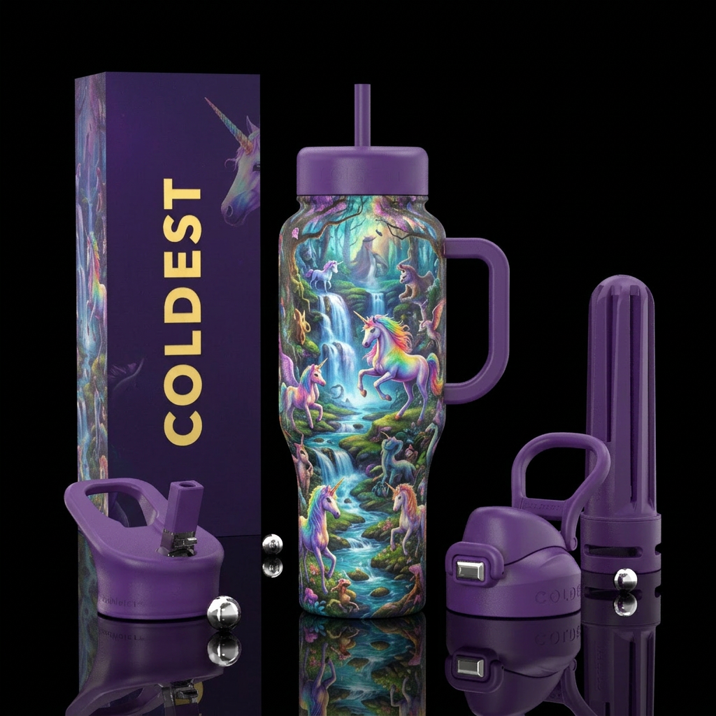 Rainbow unicorns in an other worldly forest, water... water bottle design