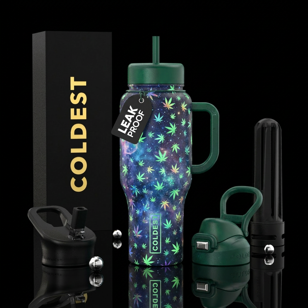 Glowing weed leaves allover on a galaxy background water bottle design