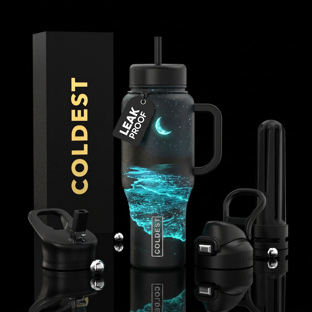 Black handles & lids. Bioluminescent waves crashin... water bottle design