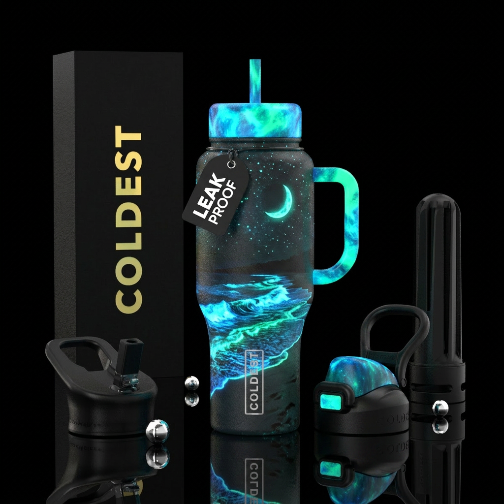 Black handles & lids. Bioluminescent waves crashin... water bottle design