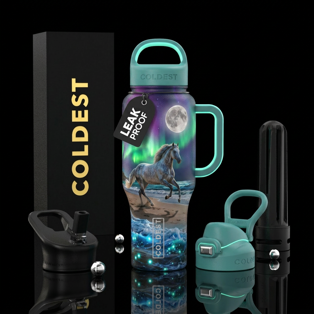 Andalusian running on a sandy beach, full moon, au... water bottle design
