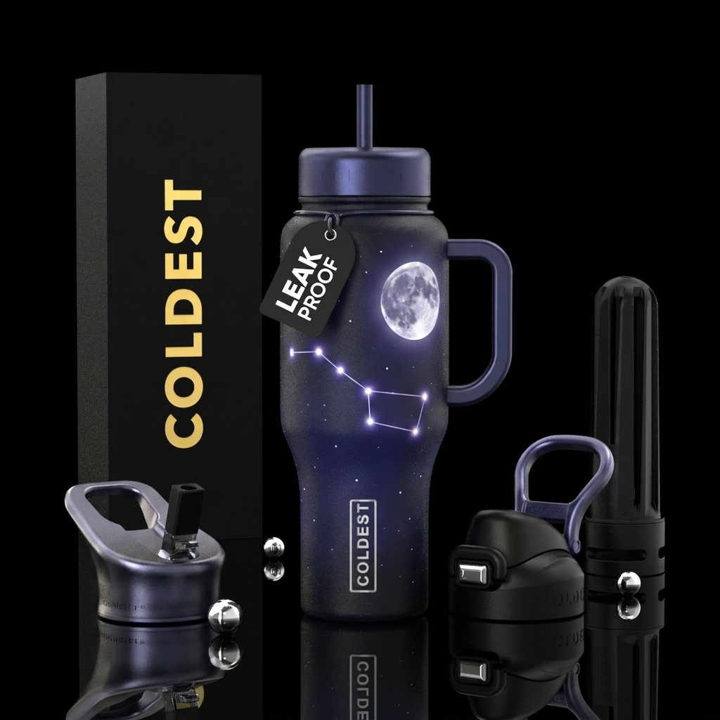 Big Dipper constellation, full moon, glowing water bottle design