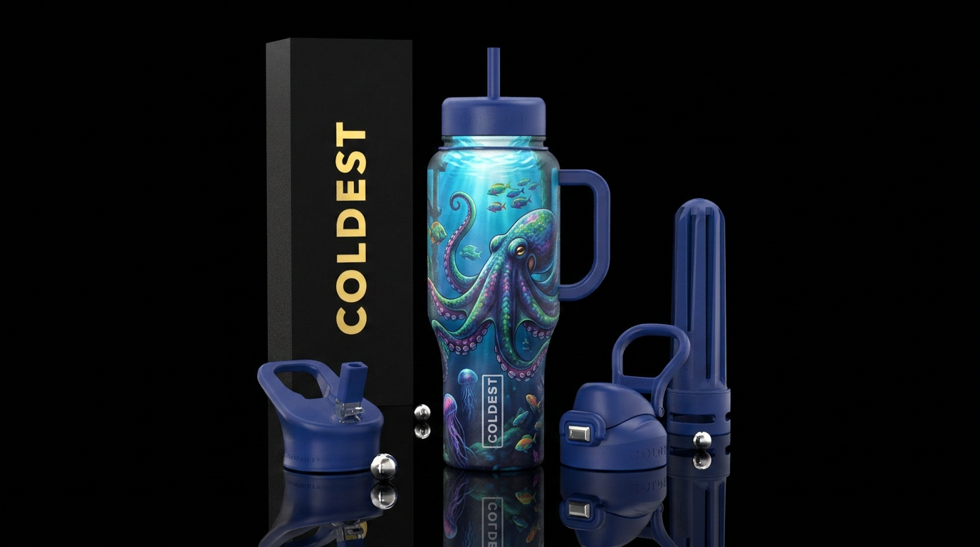 Underwater scene, under a pier, giant octopus, sea... water bottle design