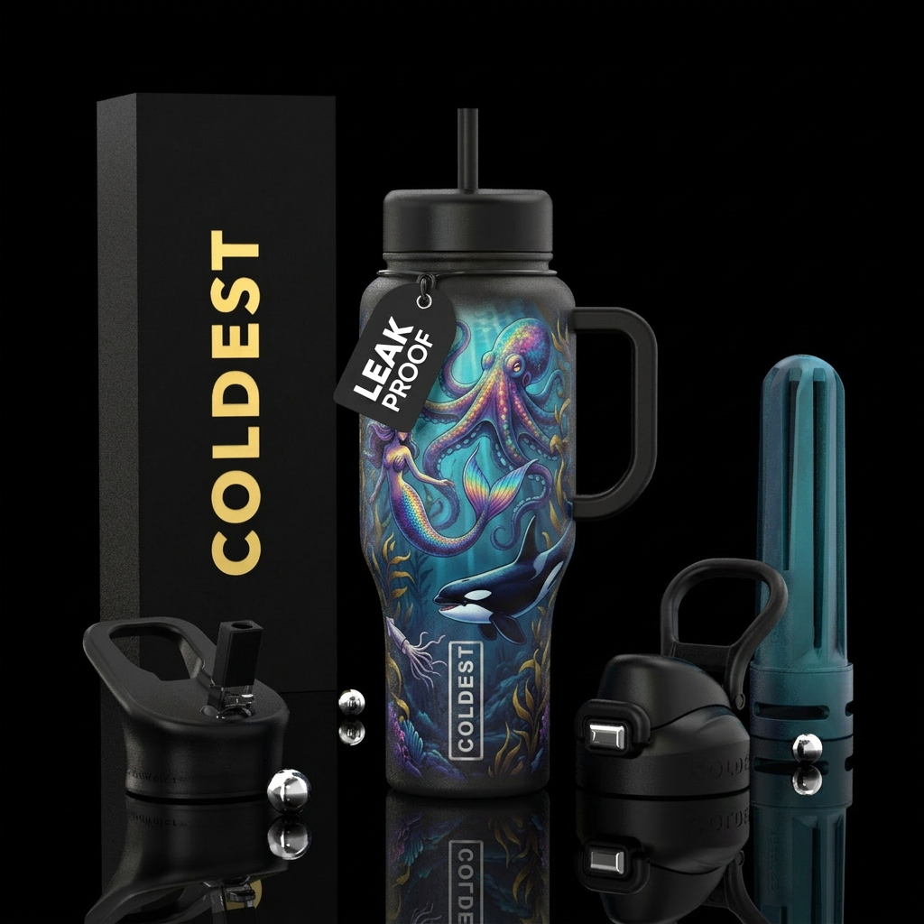Underwater scene, mermaid, giant octopus, orca hun... water bottle design