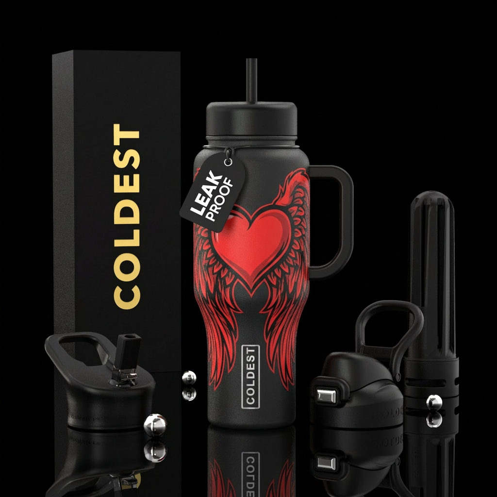 Angel heart wings red and black water bottle design