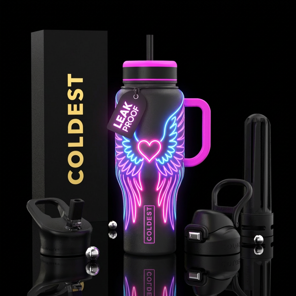 Angel heart wings neon colors water bottle design