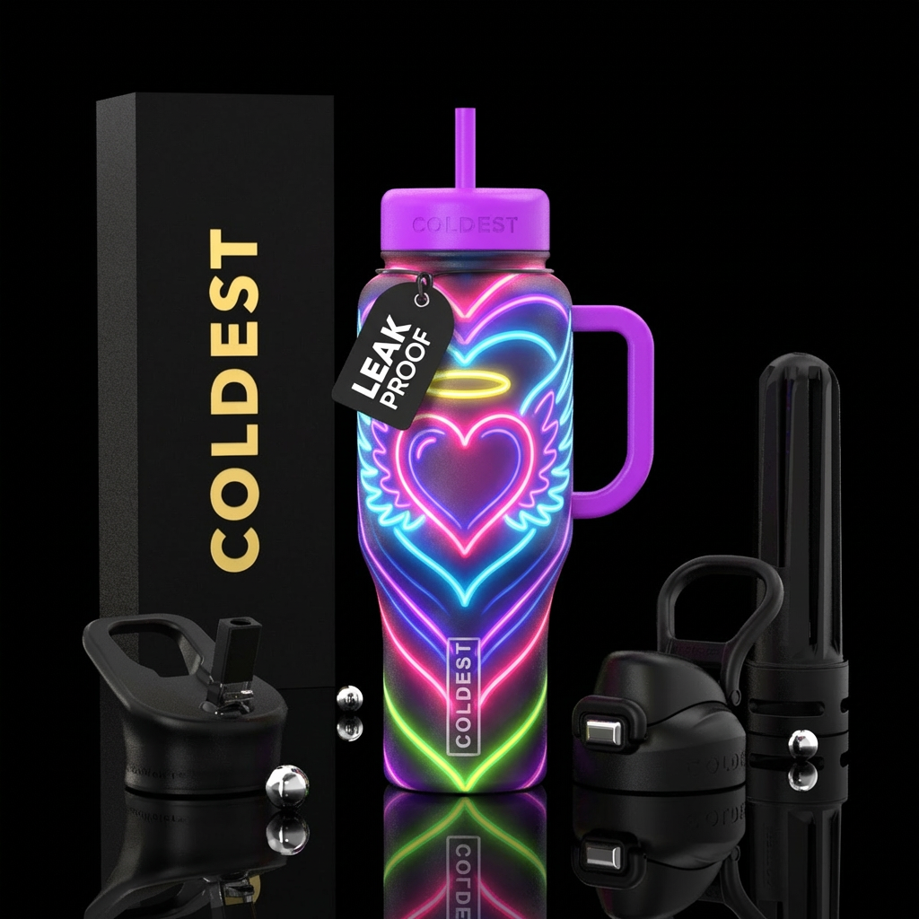 Angel heart wings neon colors water bottle design