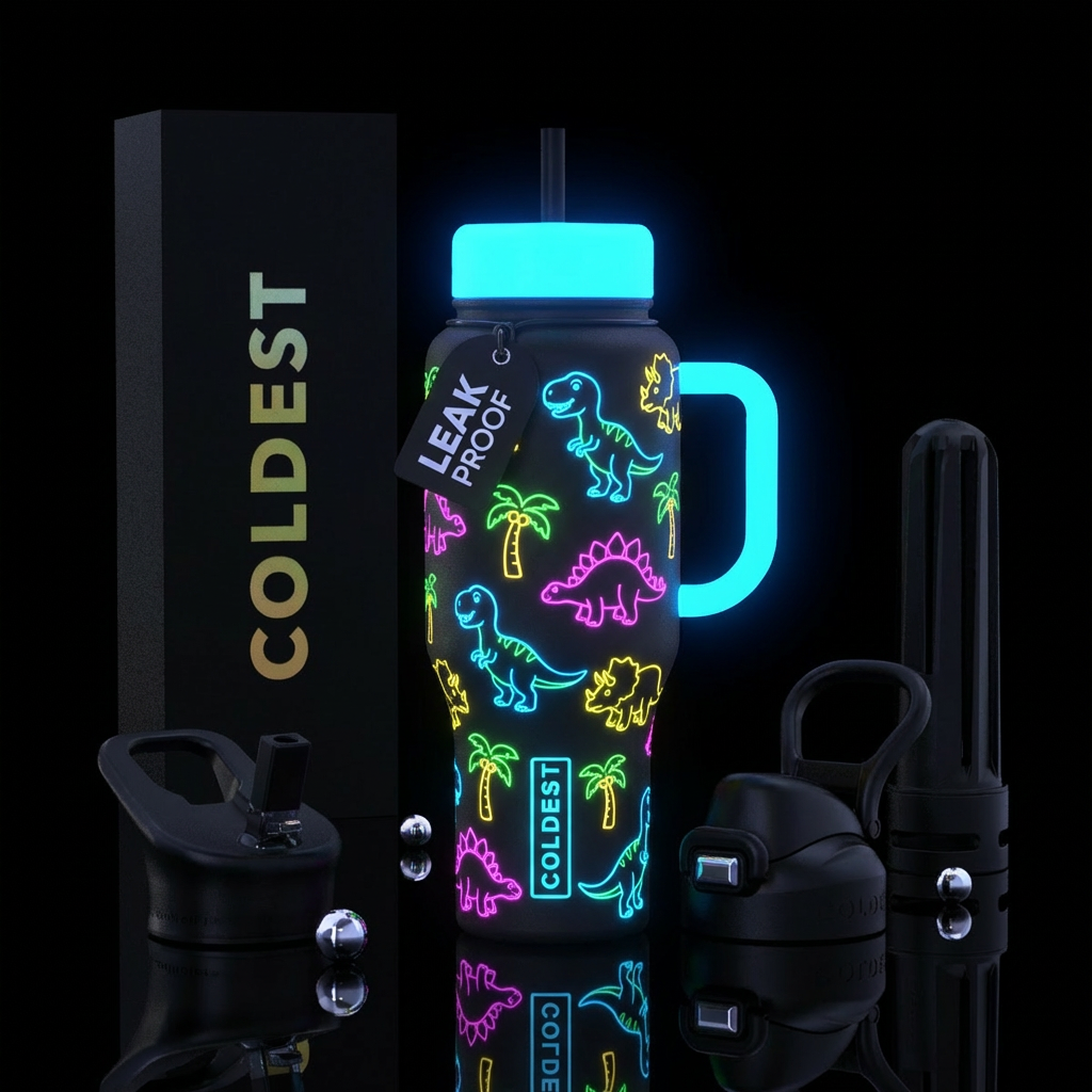 Baby dinosaur neon water bottle design