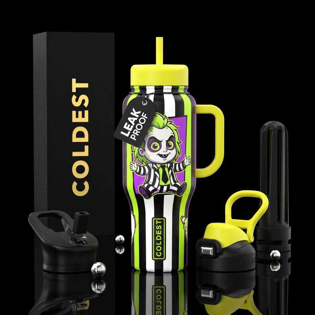 Baby beetlejuice with a yellow handle and lid water bottle design