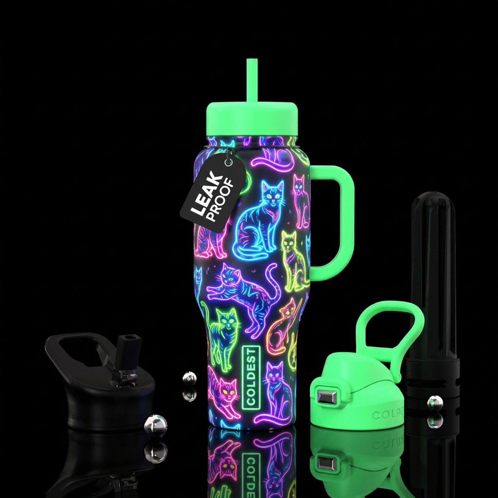 Neon cats water bottle design