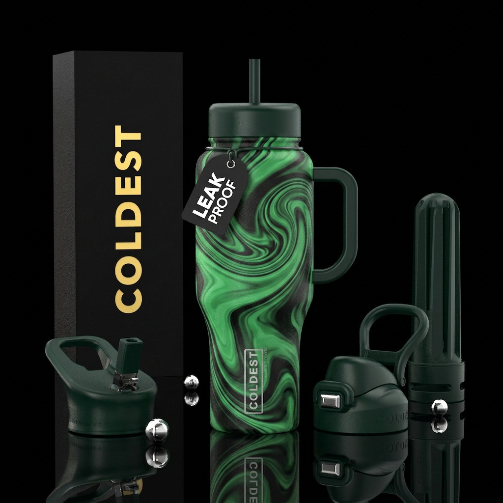 Green and black swirl water bottle design