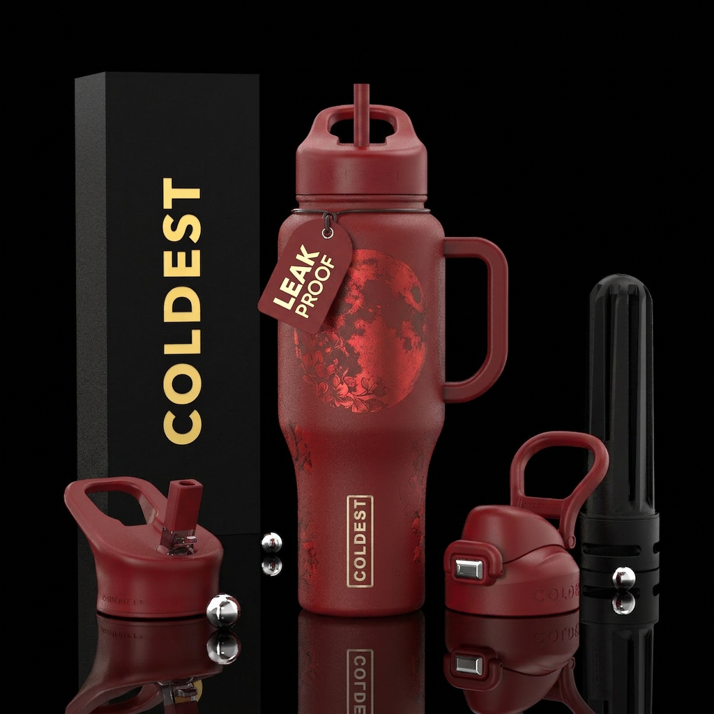 Red floral moon water bottle design