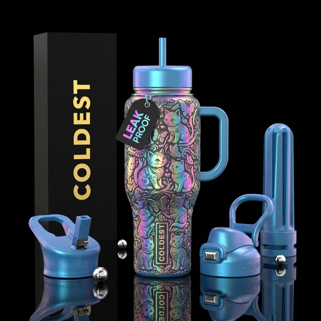 Whimsical kittens,maximalist,fantasy kittens chasi... water bottle design