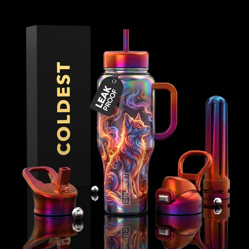 dog, smoke, irridescent, whimsical, firery, fantas... water bottle design