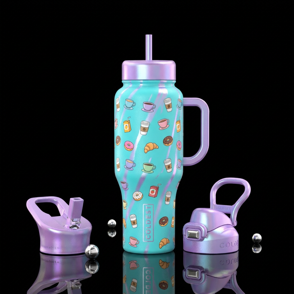 Cup with turquoise background with tea cups, coffe... water bottle design
