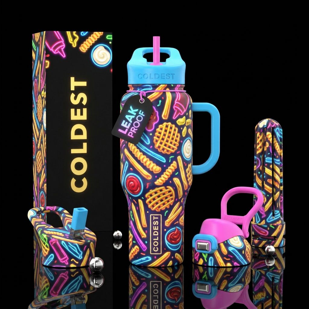 a bottle with different kinds of french fries and ... water bottle design