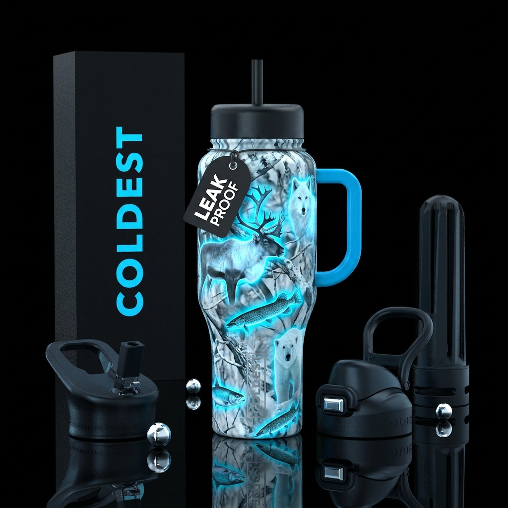 camoflage bottle, artic mossy oak style, with blue... water bottle design