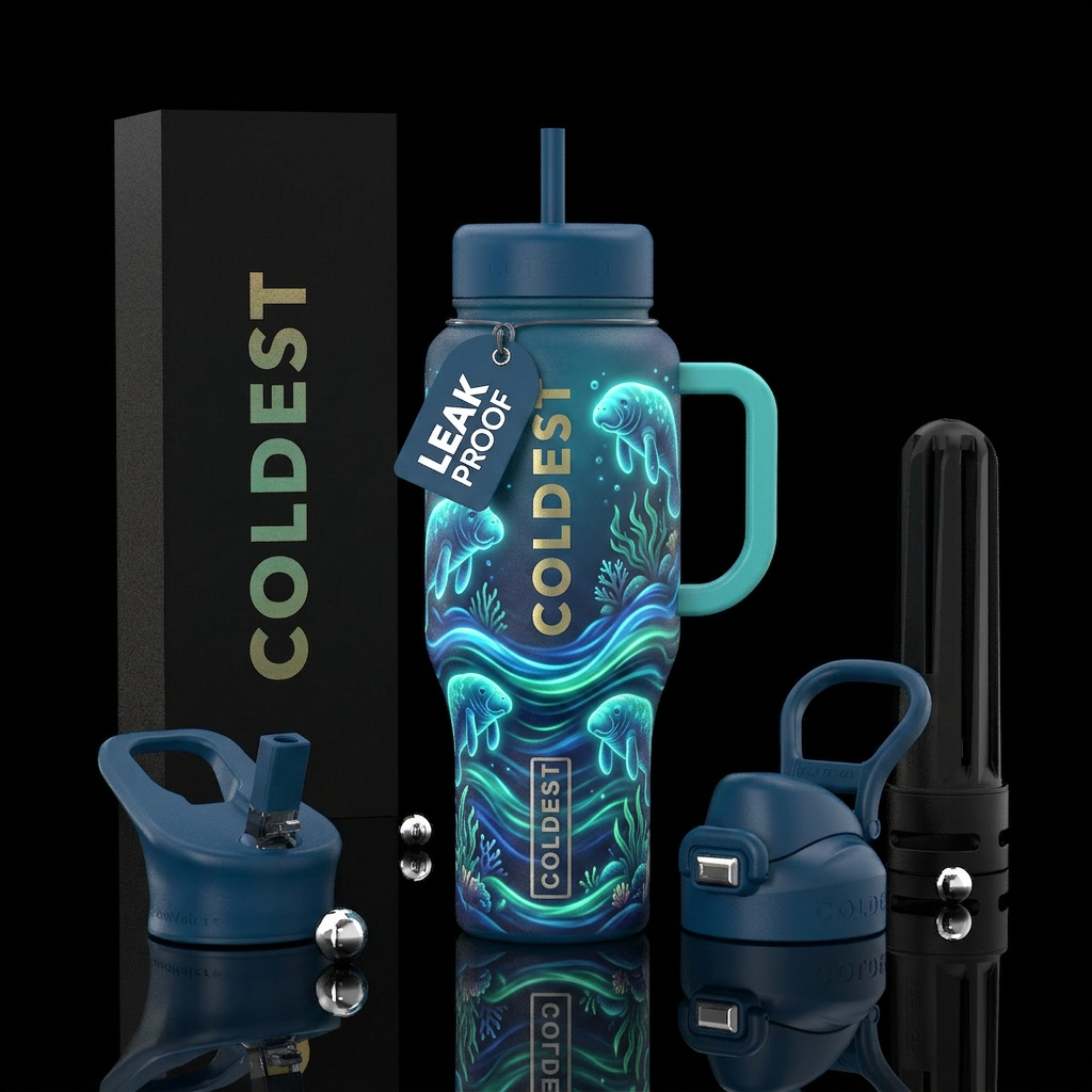manatee cup, glowing waves water bottle design