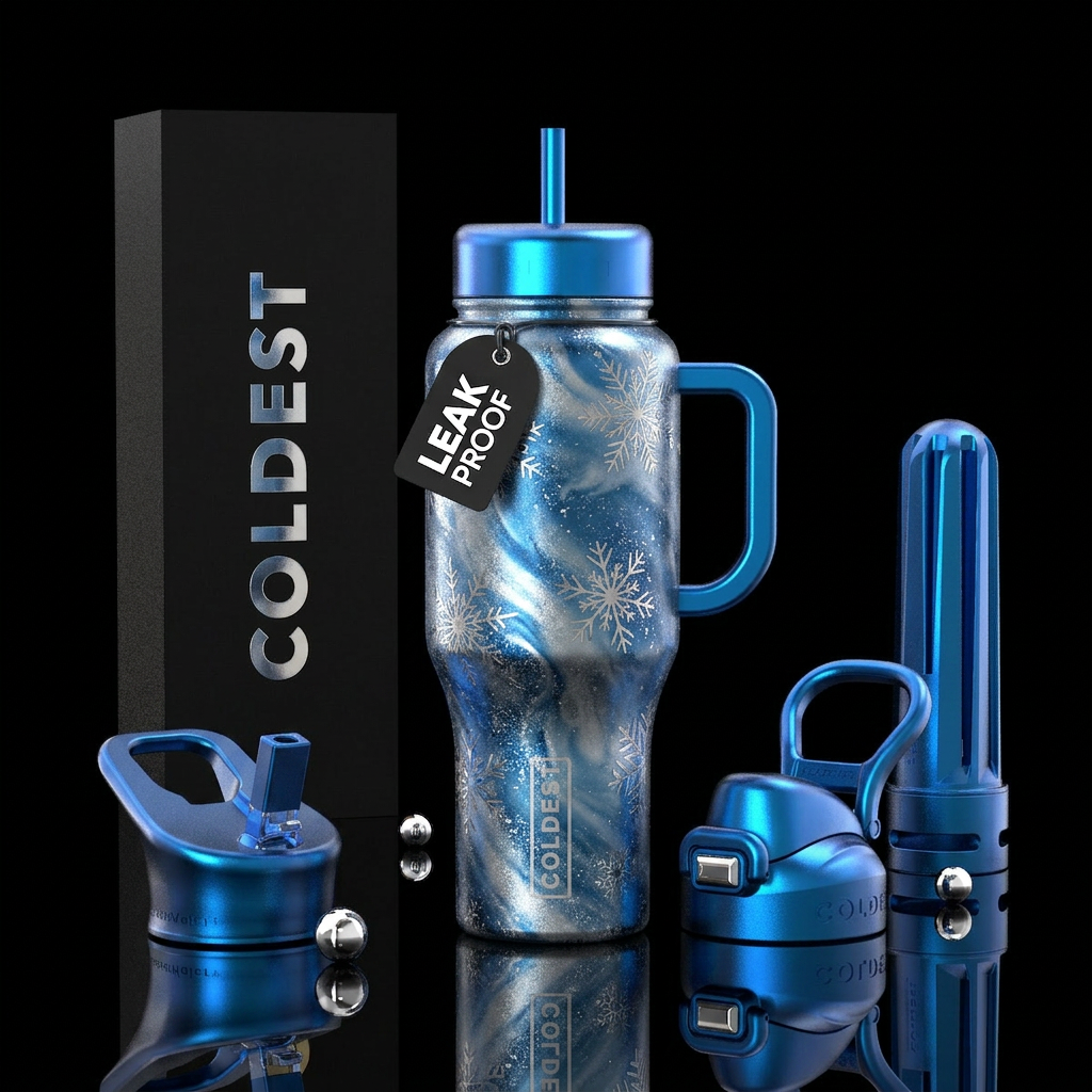 christmas snowstorm, metallic blues and silvers. m... water bottle design