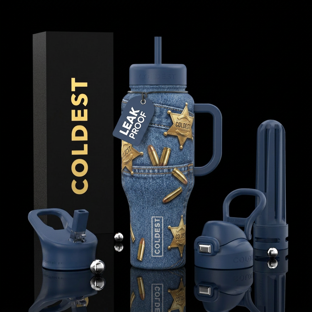 blue jean print with sheriff badges, bullets, etc water bottle design