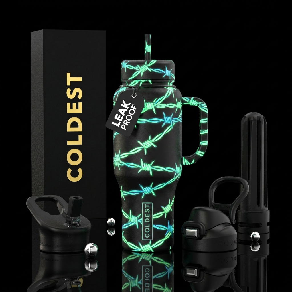 black cup with glow in the dark barb wire water bottle design