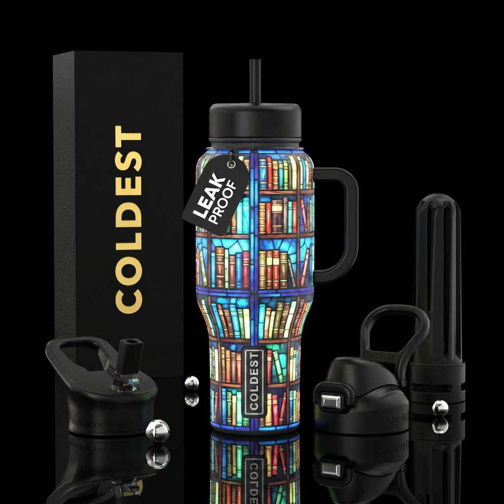 glow in the dark, stained glass, bookshelves water bottle design