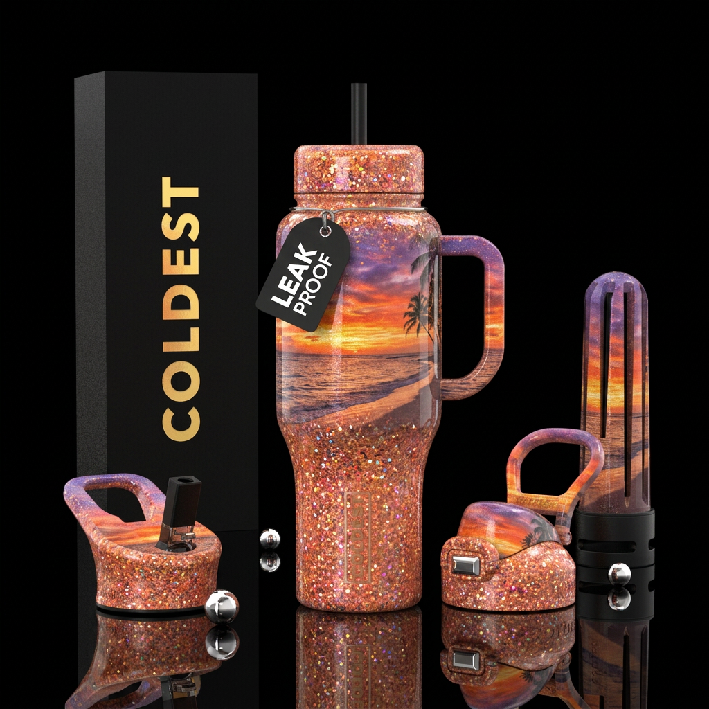 summer theme , glitter finish, sunset beach water bottle design