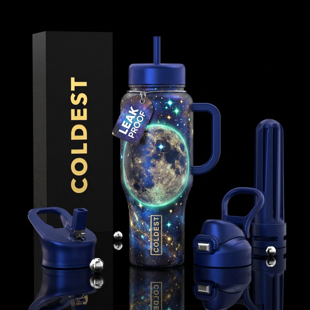 Space theme, moon, stars, glow in the dark, metall... water bottle design