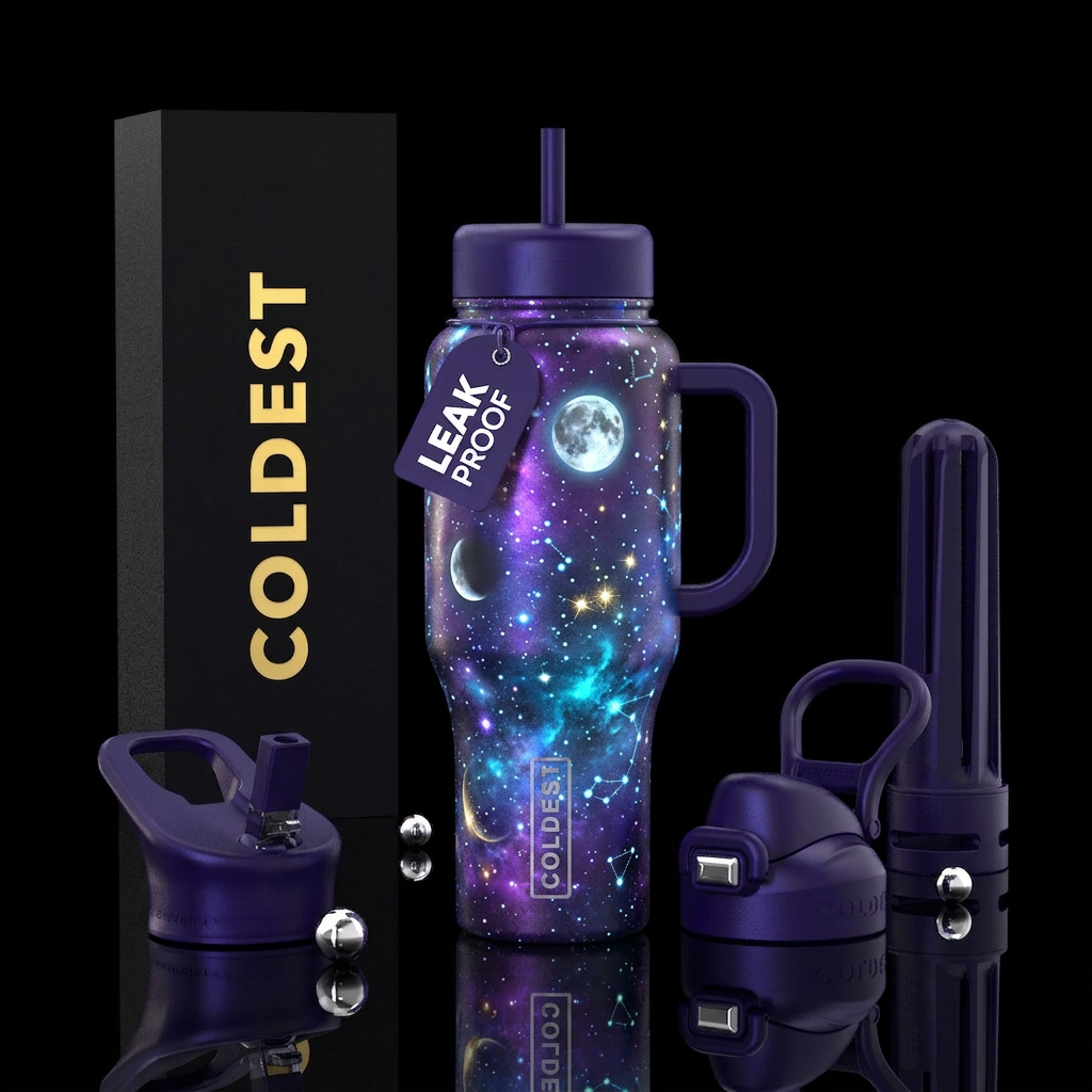Space theme, moon, stars, glow in the dark, metall... water bottle design