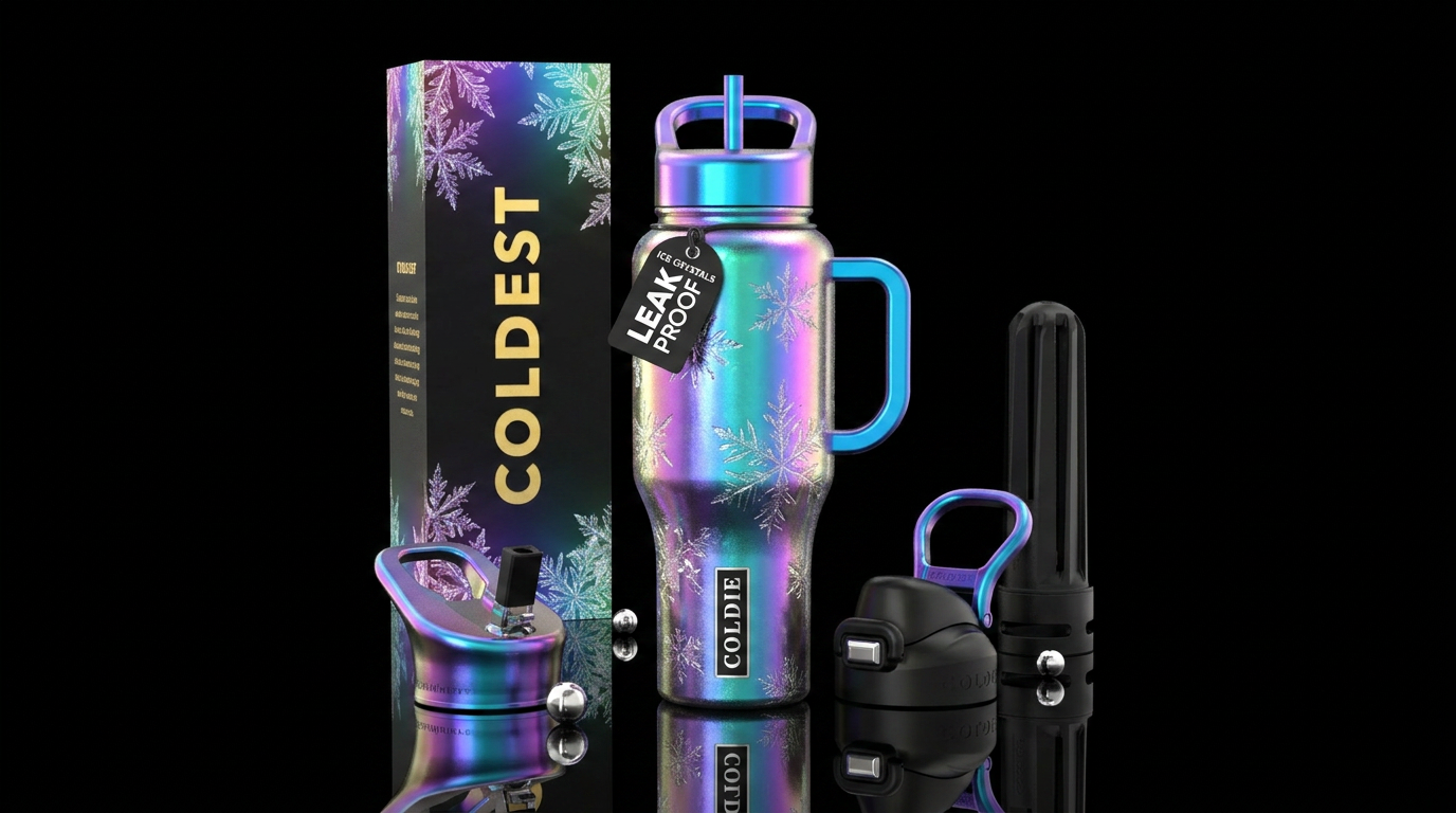 "COLDIE" inspired cup, ice crystals, holographic f... water bottle design