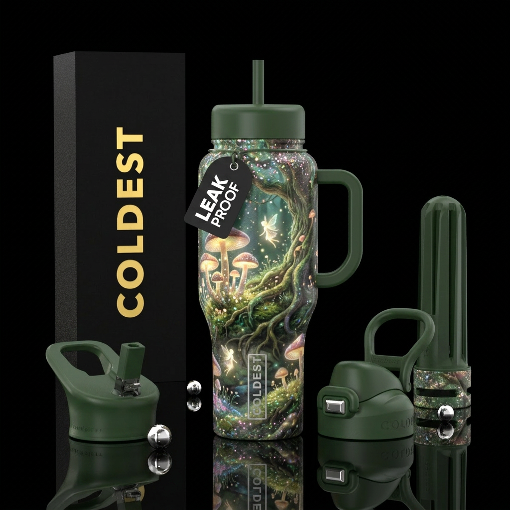 fantasy, fairy, mushrooms, glitter water bottle design