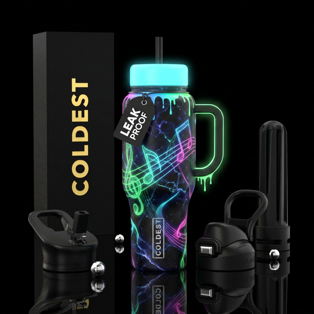 marble, neon, paint drip, music notes, glow in the... water bottle design