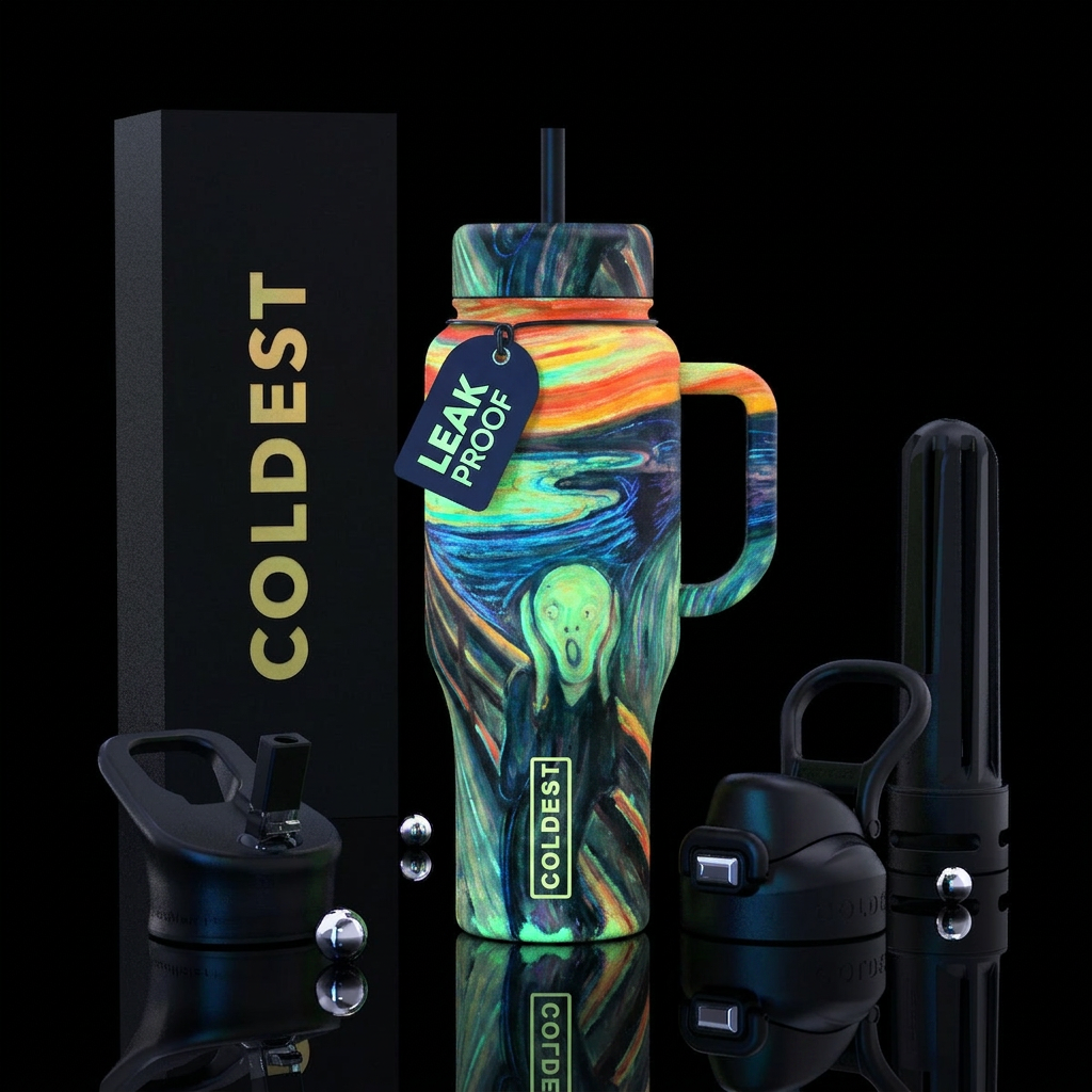 famous scream painting but make it glow in the dar... water bottle design