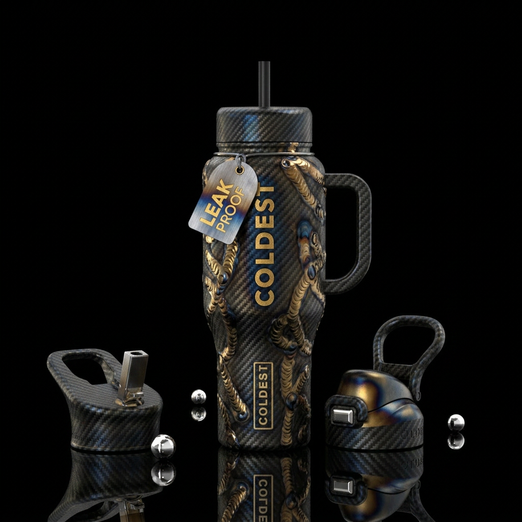 welder theme, metallic, carbon fiber handle and li... water bottle design