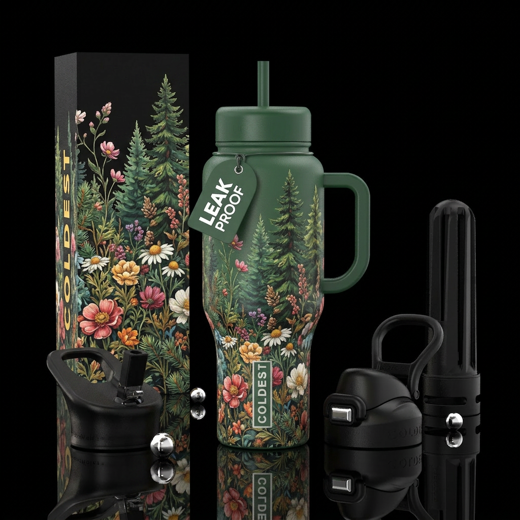 in the pines , floral water bottle design