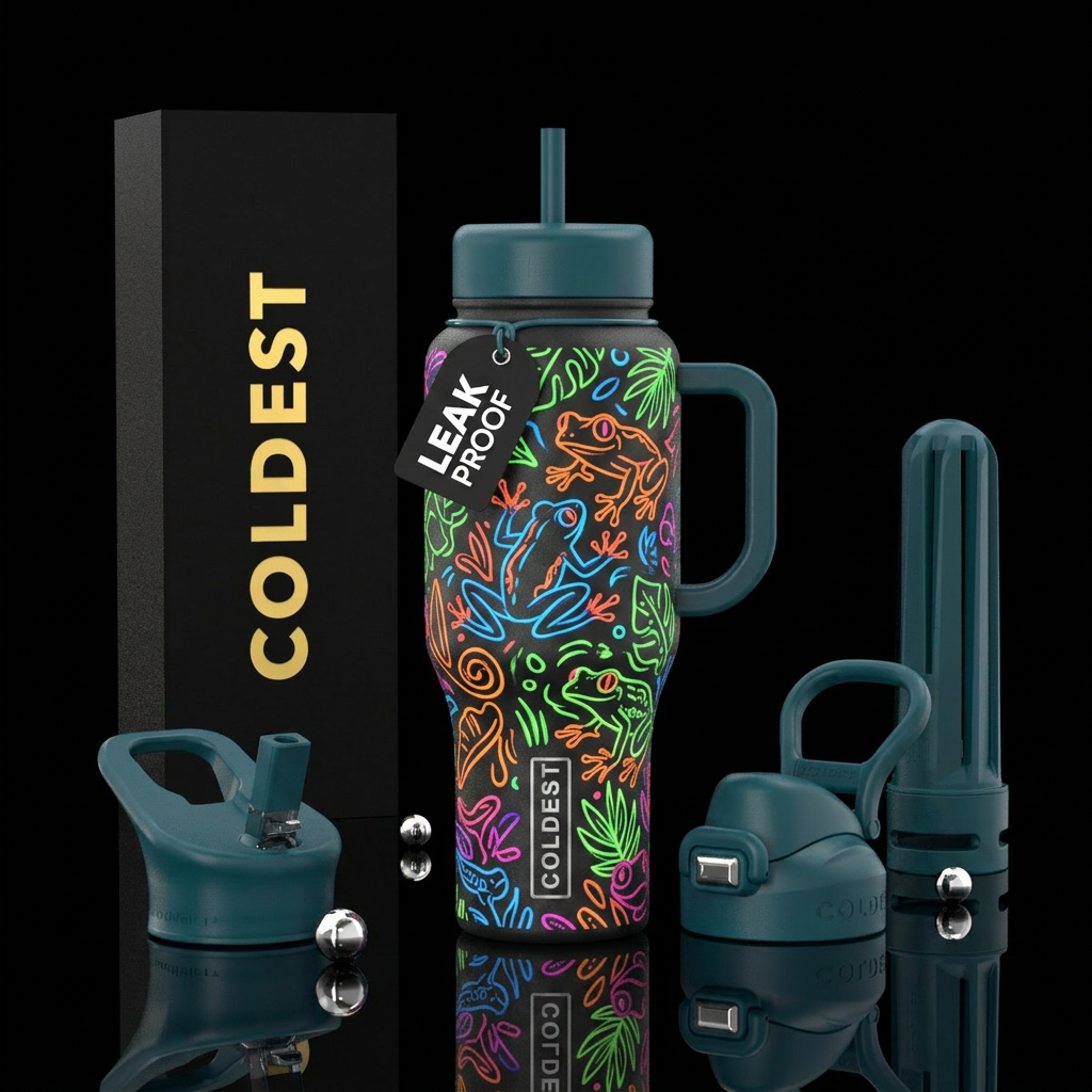 neon, doodle style, tree frogs, glow in the dark water bottle design