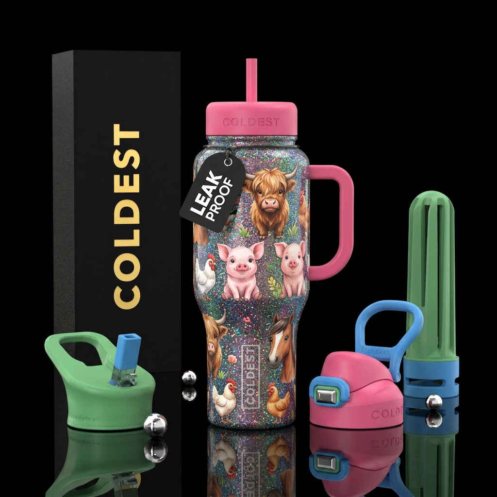 fun farm, cute colors, glitter underlay, highland ... water bottle design