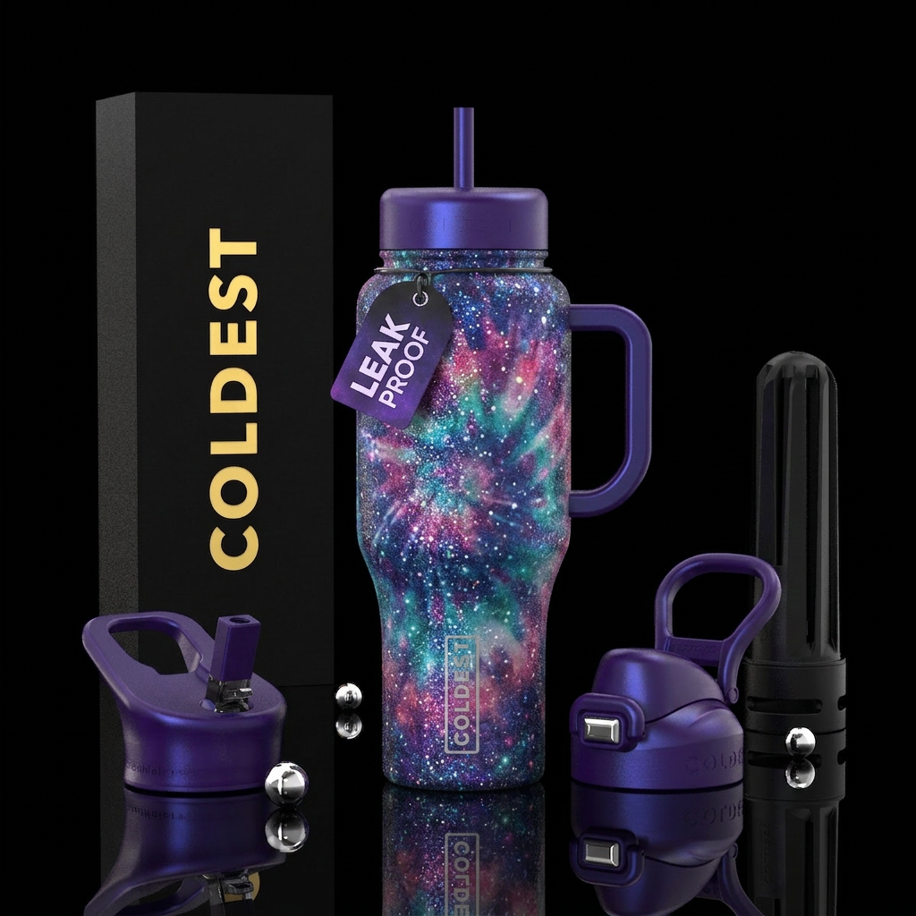 Tie dye space theme. Glittery base water bottle design