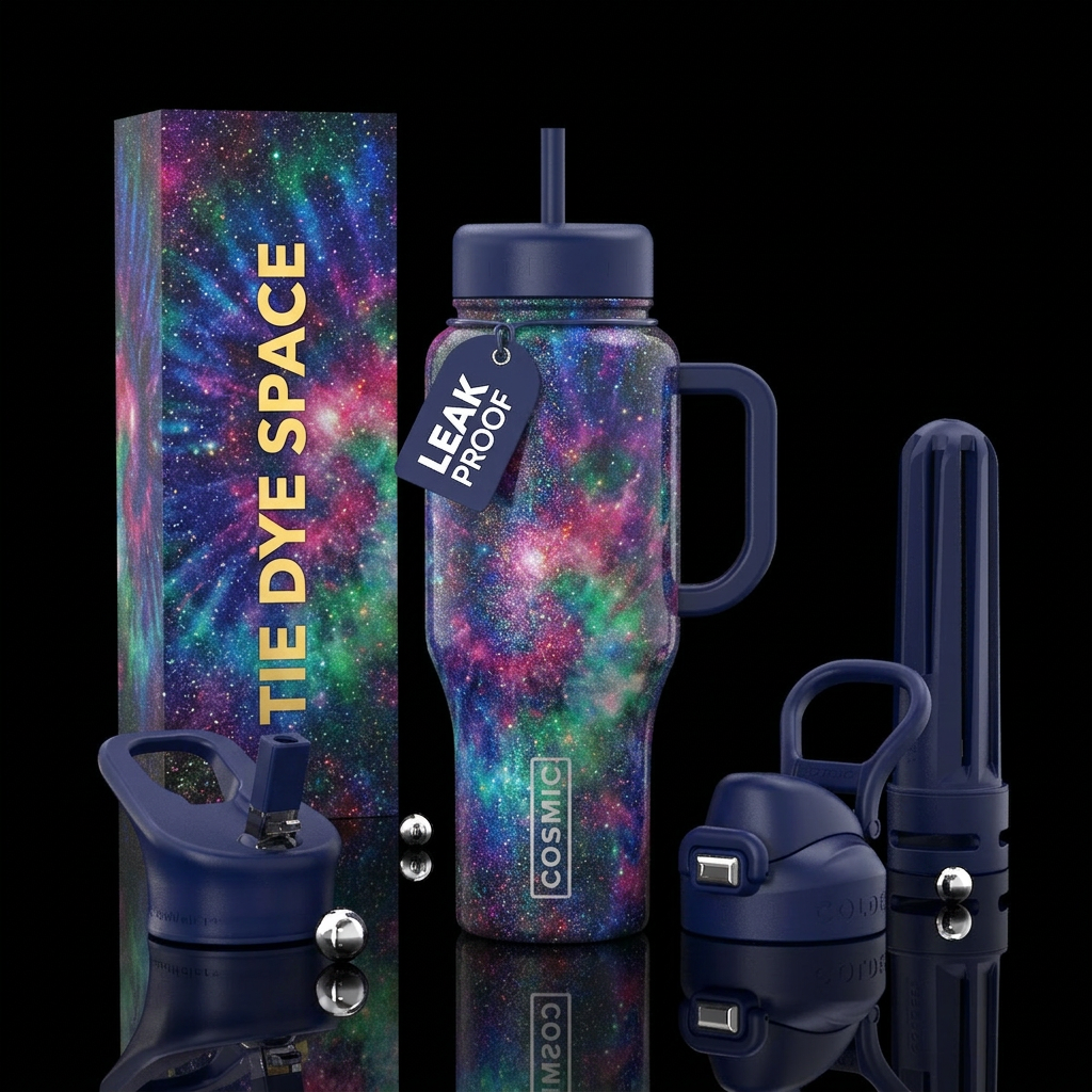 Tie dye space theme. Glittery base water bottle design