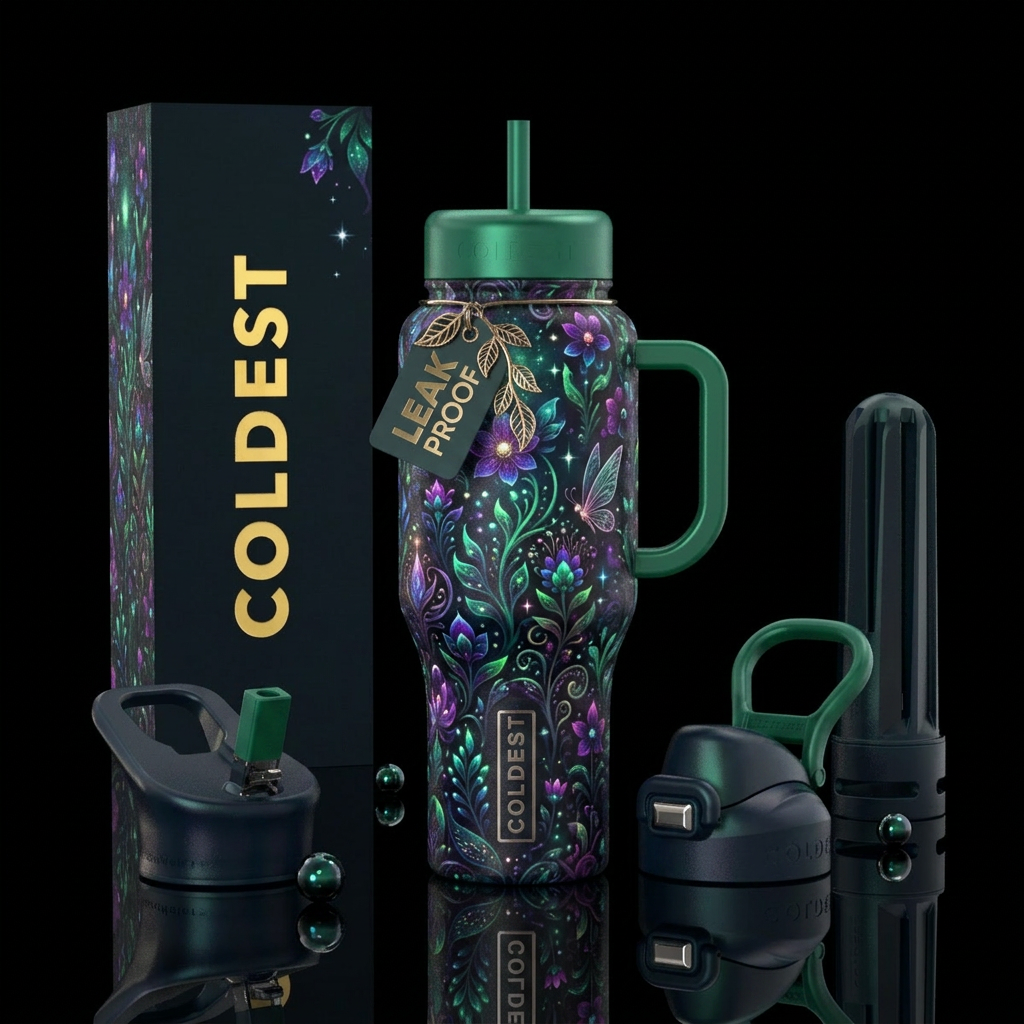 secret garden, seamless, glowie, sparkly, magic water bottle design