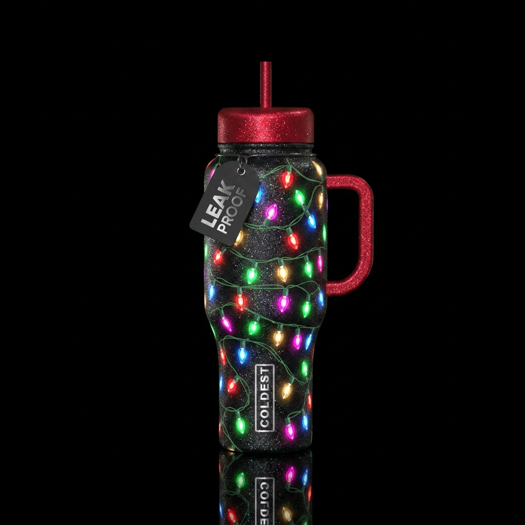 glowie christmas lights, realistic, glow in the da... water bottle design